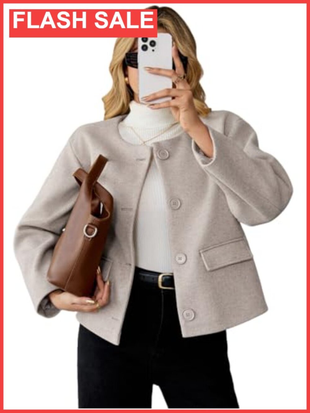 Cropped Wool Blend Pea Coat Long Sleeve Button Jacket